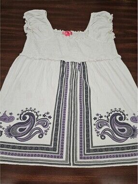 Mix & Co Womens Large White Smocked Paisley Print Boho Peasant Top Ruffle Sleeve